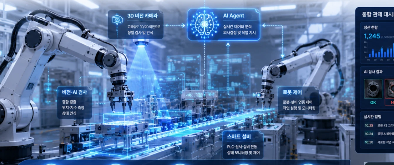 비전 검사와 로봇 제어를 연결하는 자동화 설비 개념도